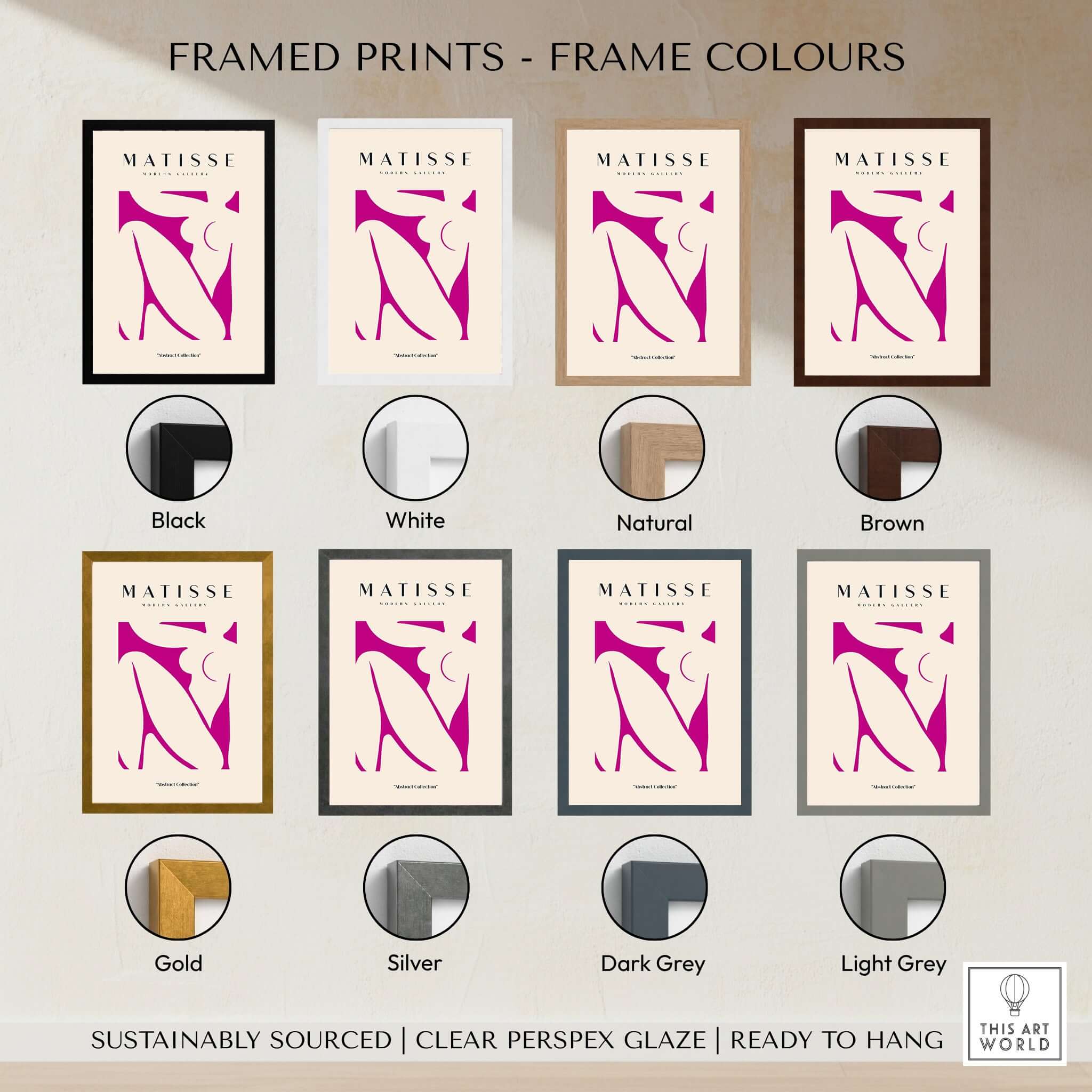 Matisse Art Prints - Pink Abstract Nude Figure Art Print framed in various color options including black, white, natural, brown, gold, silver, dark grey, and light grey.