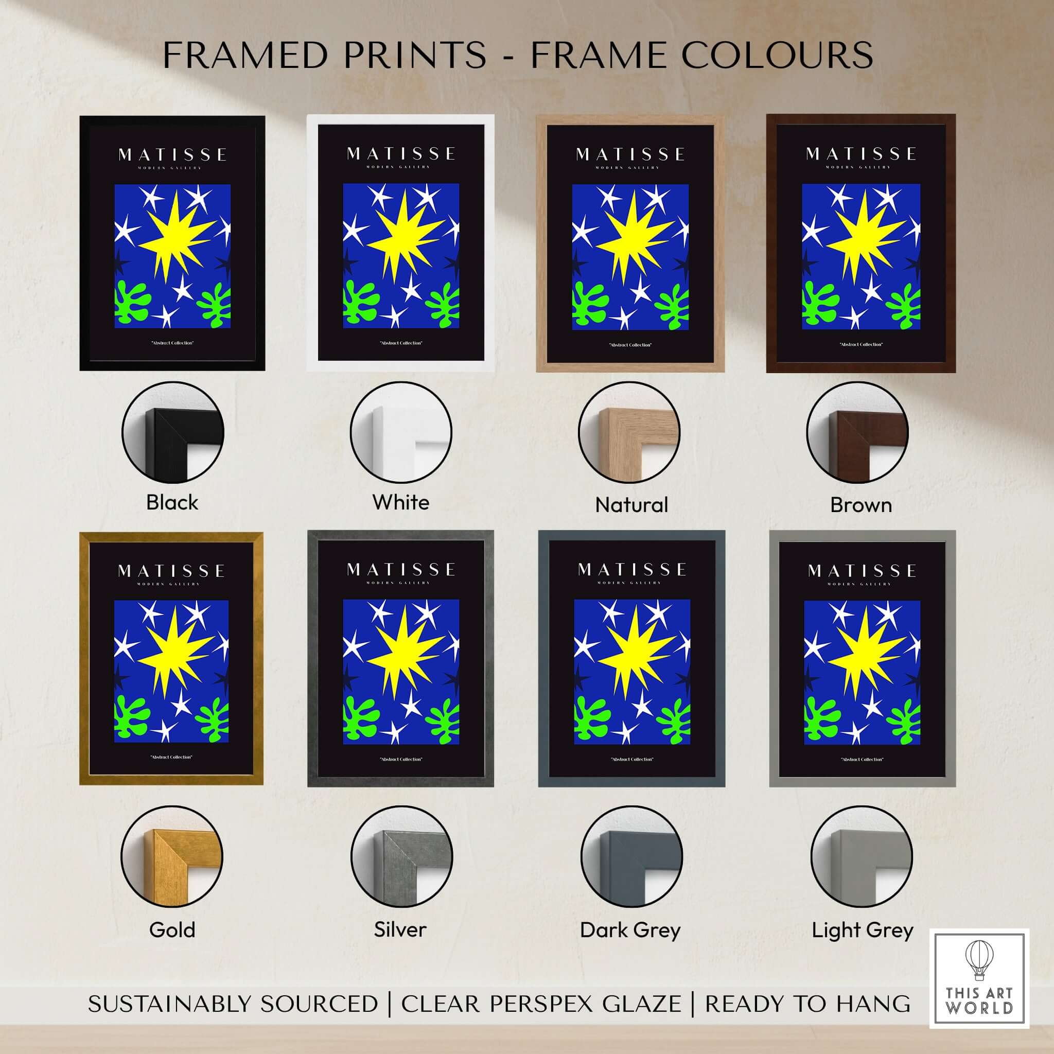 Matisse Art Prints - Stars Leaves Night Sky Abstract Print with various frame color options including black, white, natural, and more.