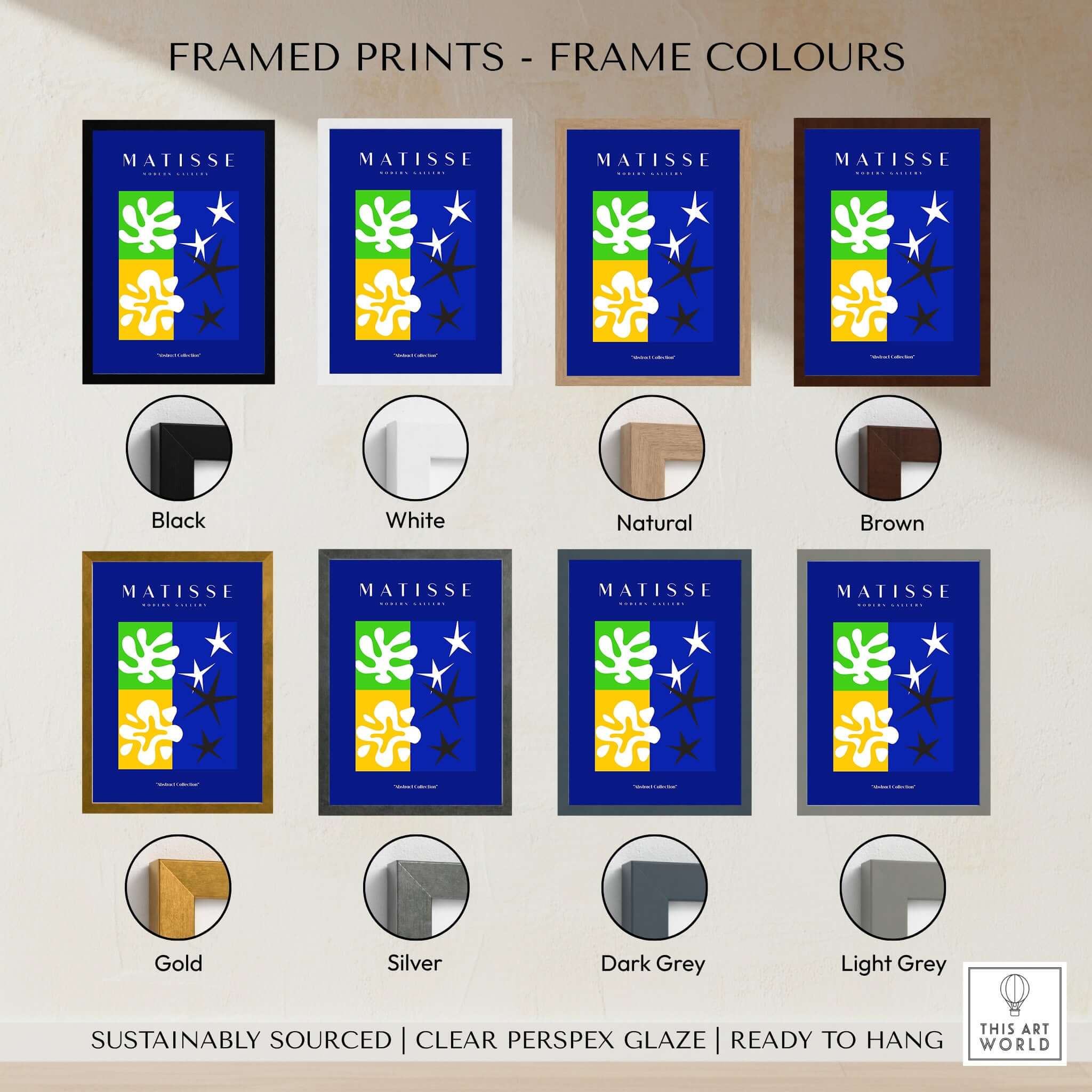Matisse Art Prints - Abstract Blue Poster framed in various colors including black, white, natural, and brown.