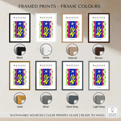 Framed prints showcasing Matisse Art Prints - Jazz Abstract Star Hand Waves Poster in various colors: black, white, natural, brown, gold, silver, dark grey, light grey.
