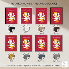 Matisse Art Prints - White Coral Abstract Green Diamonds Print shown in various frame colors including black, white, natural, and brown.