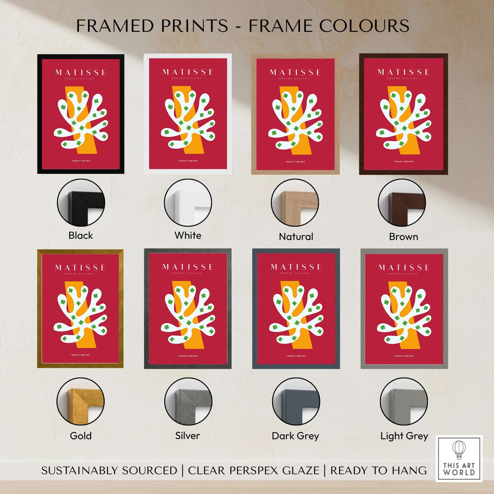 Matisse Art Prints - White Coral Abstract Green Diamonds Print shown in various frame colors including black, white, natural, and brown.