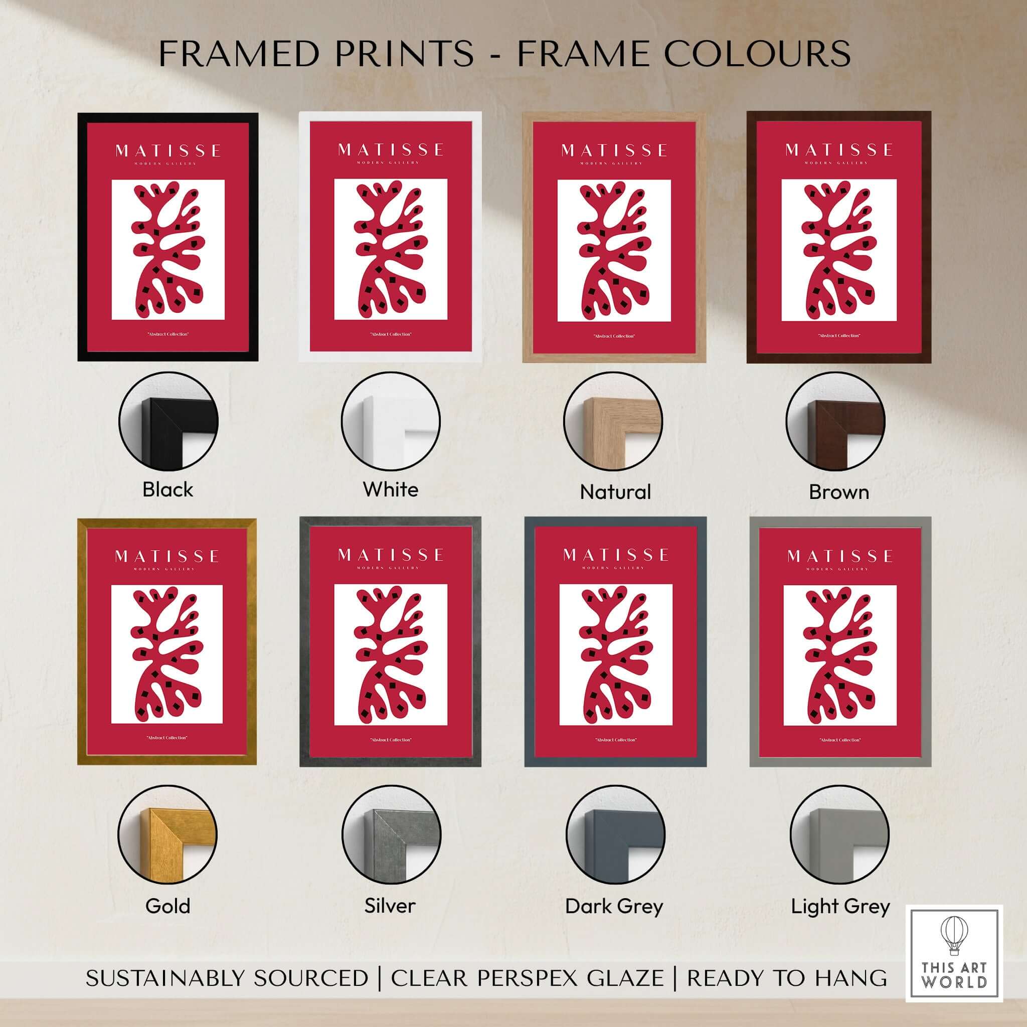Matisse Art Prints - Red Coral Abstract Black Diamonds Poster framed prints in various color options including black, white, natural, brown, gold, silver, dark grey, and light grey.