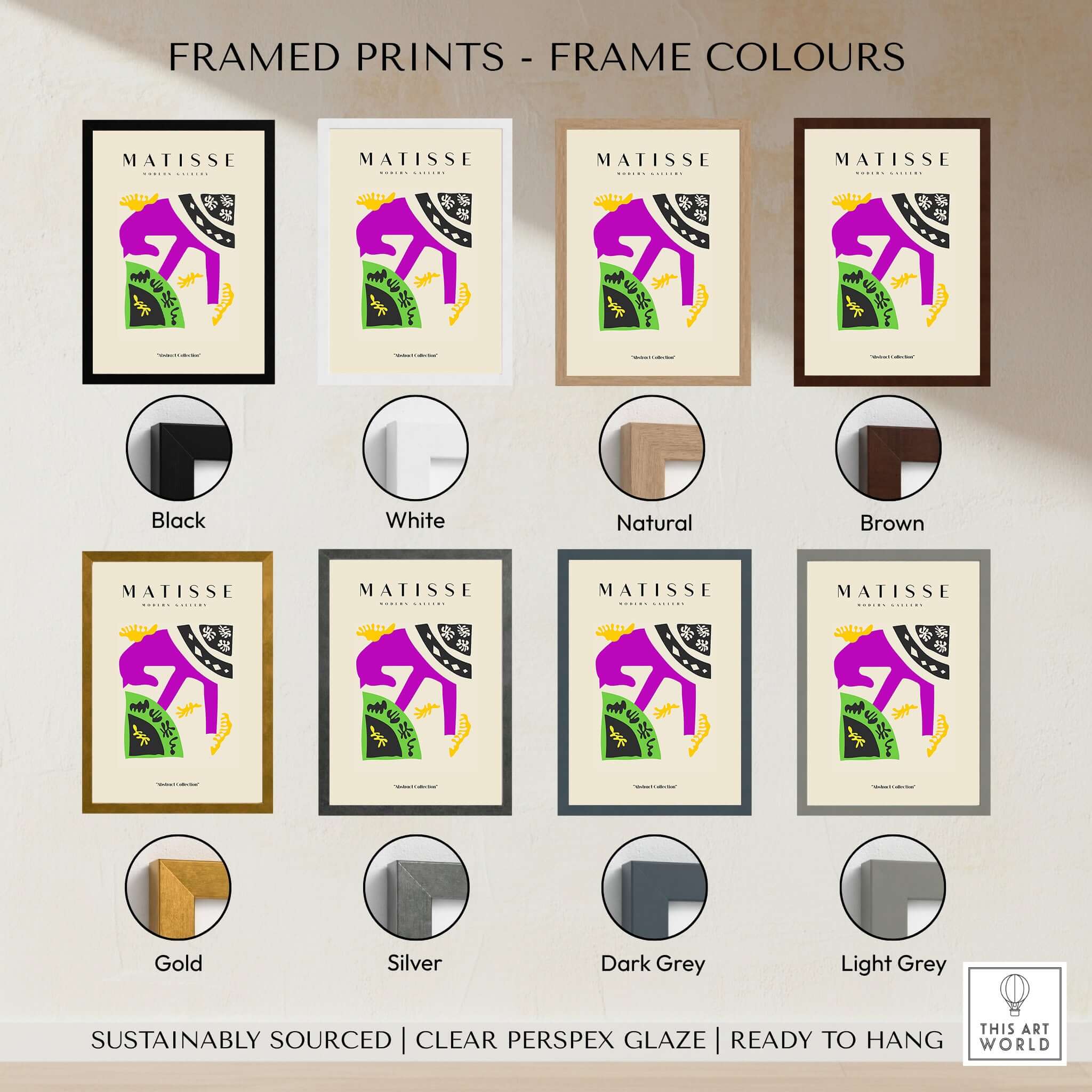 Matisse Art Prints - Purple Horse Abstract Figure Collage Poster displayed with various frame color options.