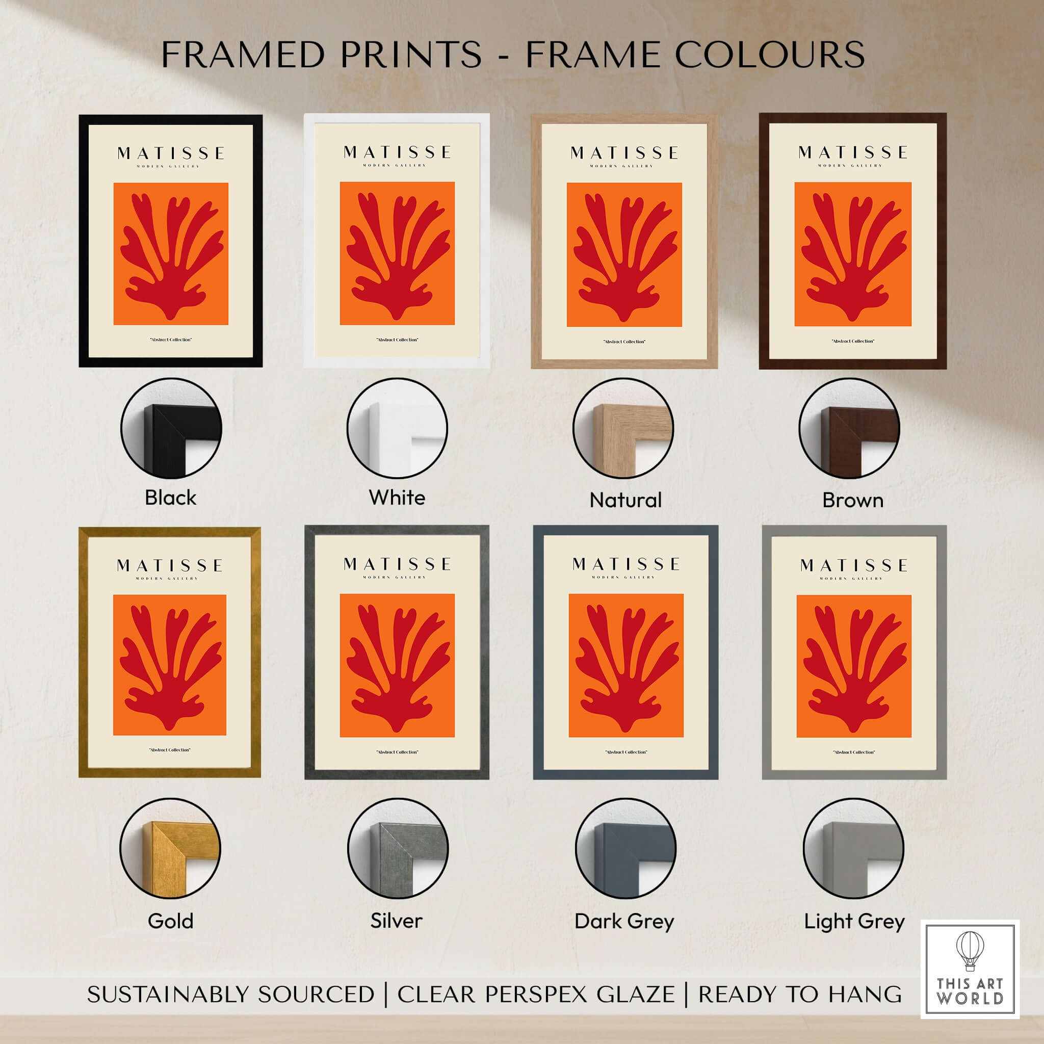 Framed prints showcasing Matisse Art Prints - Red Leaf Abstract Orange Square Poster with various frame colors.