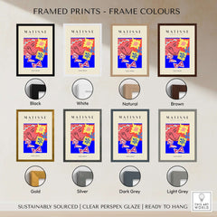 Matisse Art Prints - Abstract Face with Flowers Collage Wall Art framed in various colours including black, white, gold, and natural.