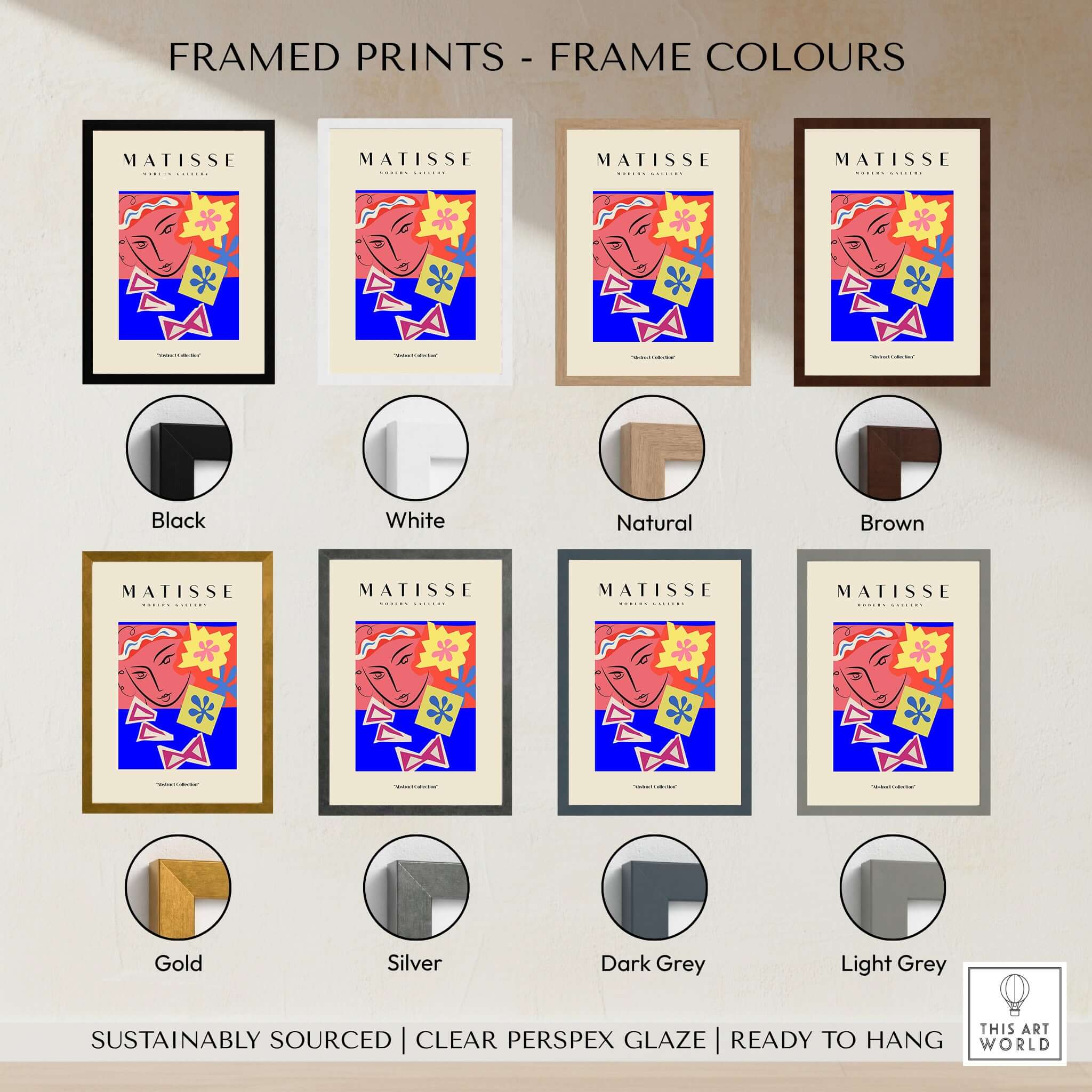 Matisse Art Prints - Abstract Face with Flowers Collage Wall Art framed in various colours including black, white, gold, and natural.