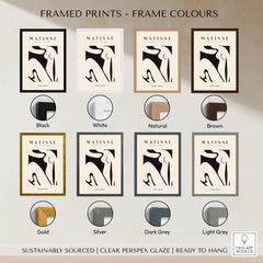 Matisse Art Prints - Black Abstract Nude Figure Poster framed print colour options including Black, White, Natural, Brown, Gold, Silver, Dark Grey, and Light Grey.