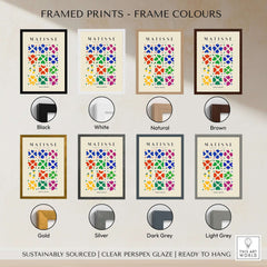Matisse Art Prints - Abstract Floral Grid Poster displayed in various frame colors including black, white, natural, and brown.