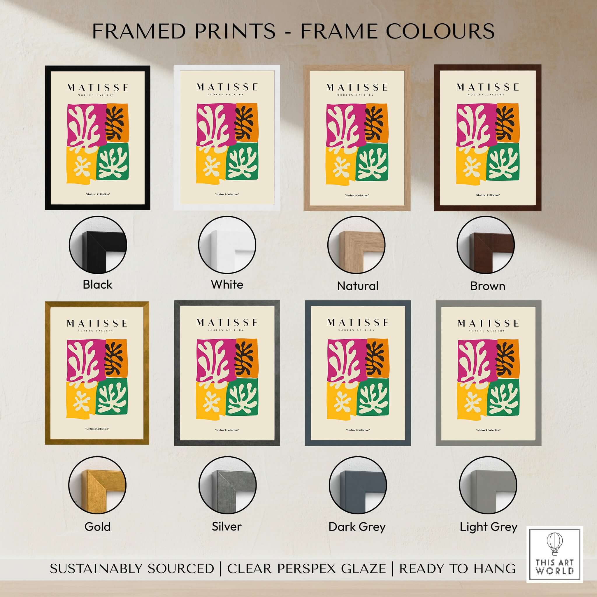 Matisse Art Prints - Four Block Abstract Leaves Poster in various frame colors including black, white, gold, and grey.