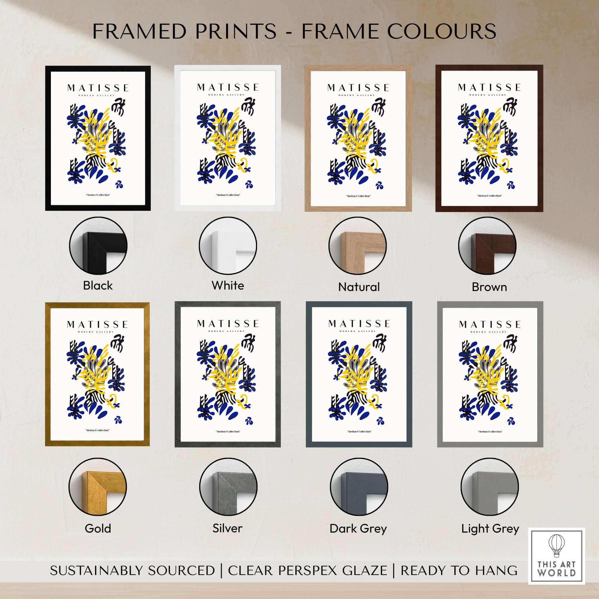 Matisse Art Prints - Abstract Floral Blue Yellow Black Poster with various frame color options including Black, White, Natural, Brown, Gold, Silver, Dark Grey, Light Grey.