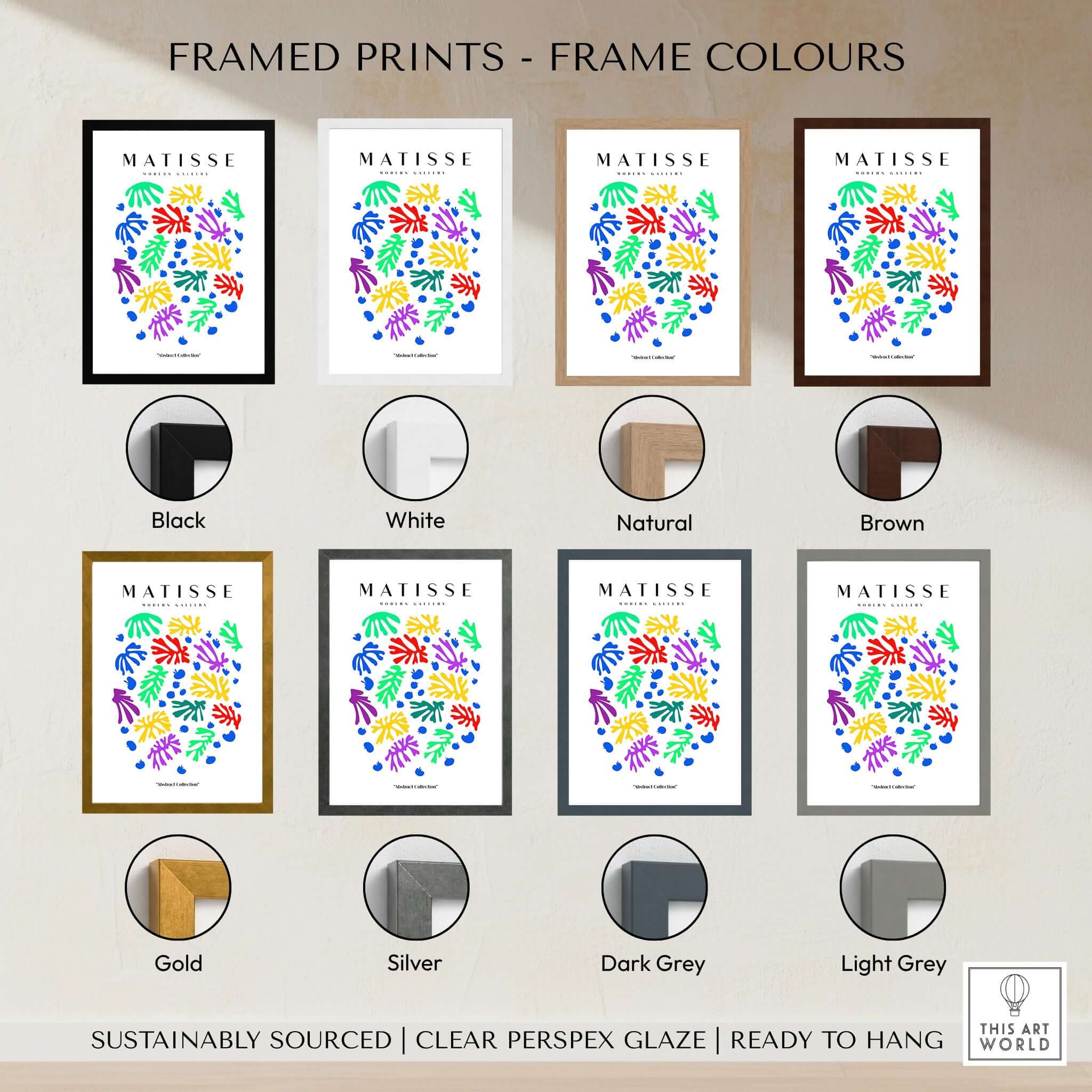 Matisse Art Prints - Colourful Scattered Abstract Leaves Dots Poster displayed in various frame colors including black, white, and natural.