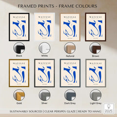 Matisse Art Prints - Blue Nude Abstract Cut Out Wall Art framed in various colors including black, white, natural, and brown.