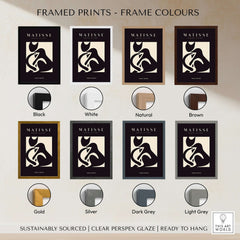 Matisse Art Prints - Black Beige Abstract Composition Poster framed in various frame colours including Black, White, Natural, and Brown.