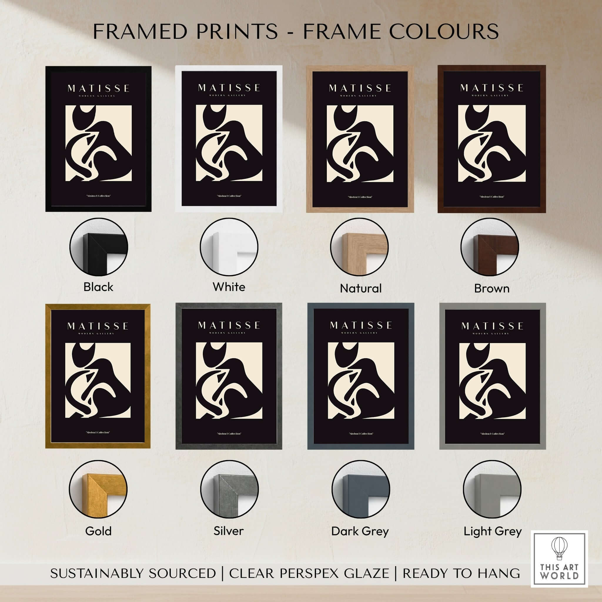 Matisse Art Prints - Black Beige Abstract Composition Poster framed in various frame colours including Black, White, Natural, and Brown.