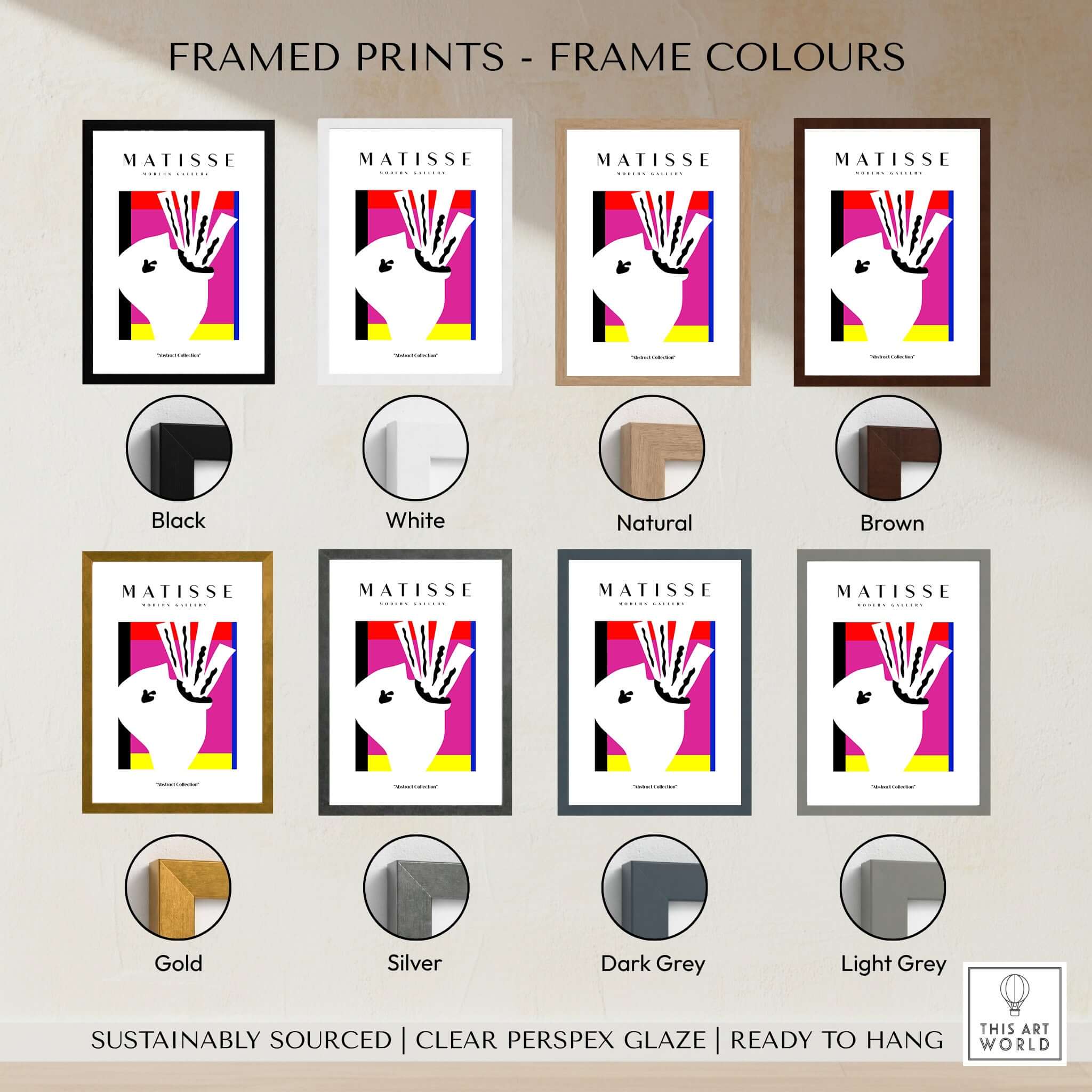 Matisse Art Prints -Abstract Head  Jazz Series Colorful Blocks Wall Art framed print color options display.