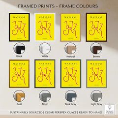 Matisse Art Prints - Jazz Pink Lettering Yellow Poster Art displayed with various frame colors including black, white, natural, and brown.