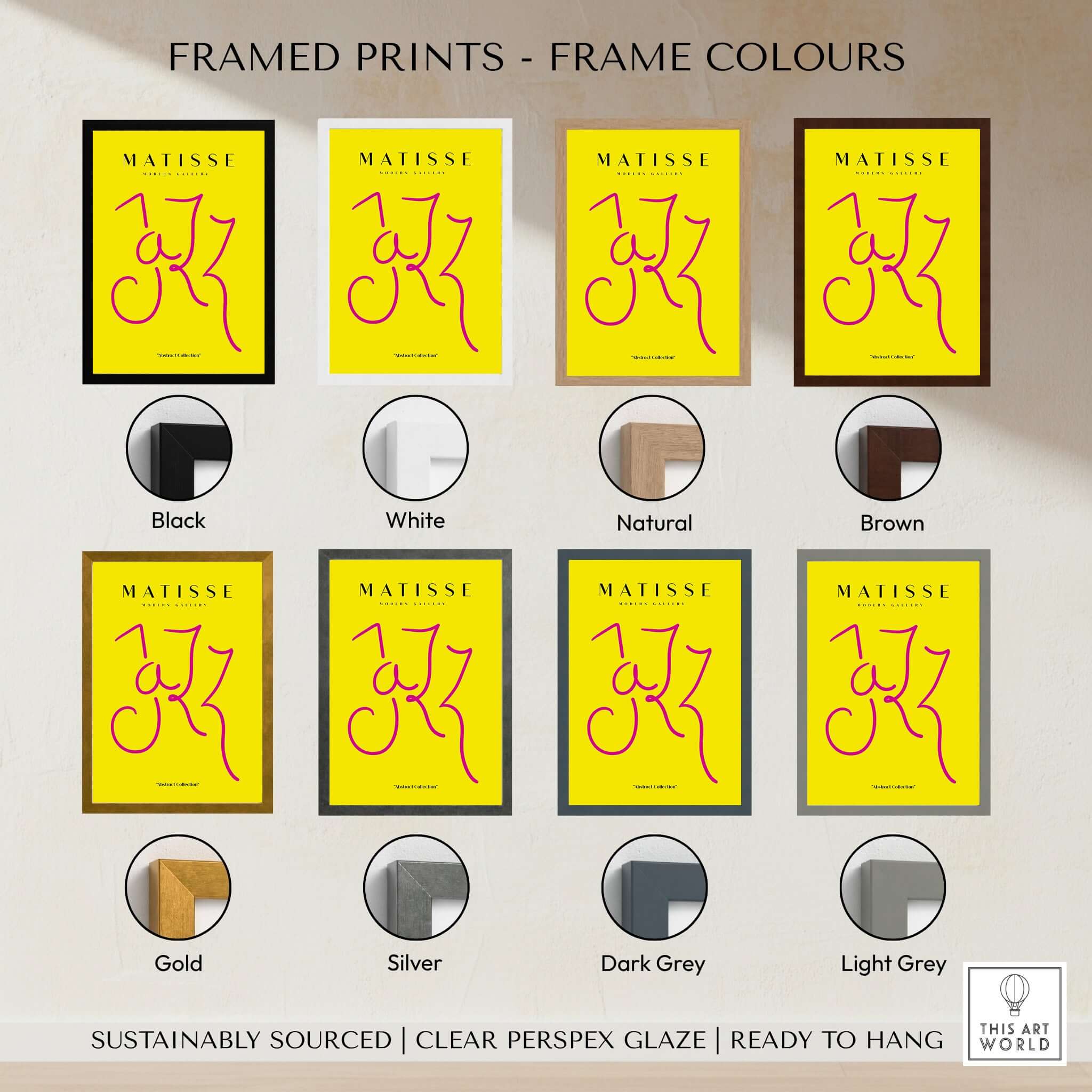 Matisse Art Prints - Jazz Pink Lettering Yellow Poster Art displayed with various frame colors including black, white, natural, and brown.