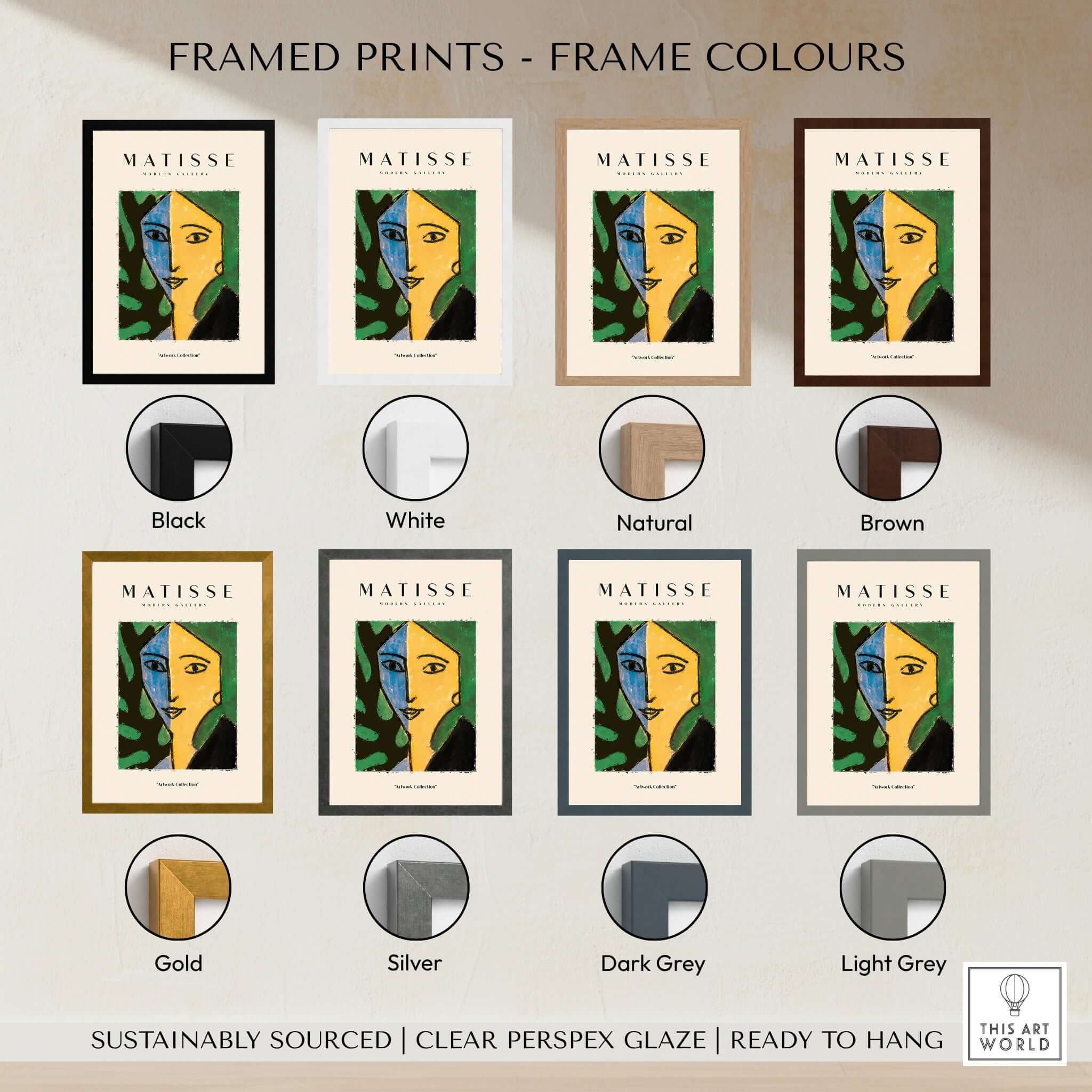 Framed Prints - Frame Colours showcasing Matisse Art Prints - Split Face Blue Yellow Portrait Poster in various frame options.