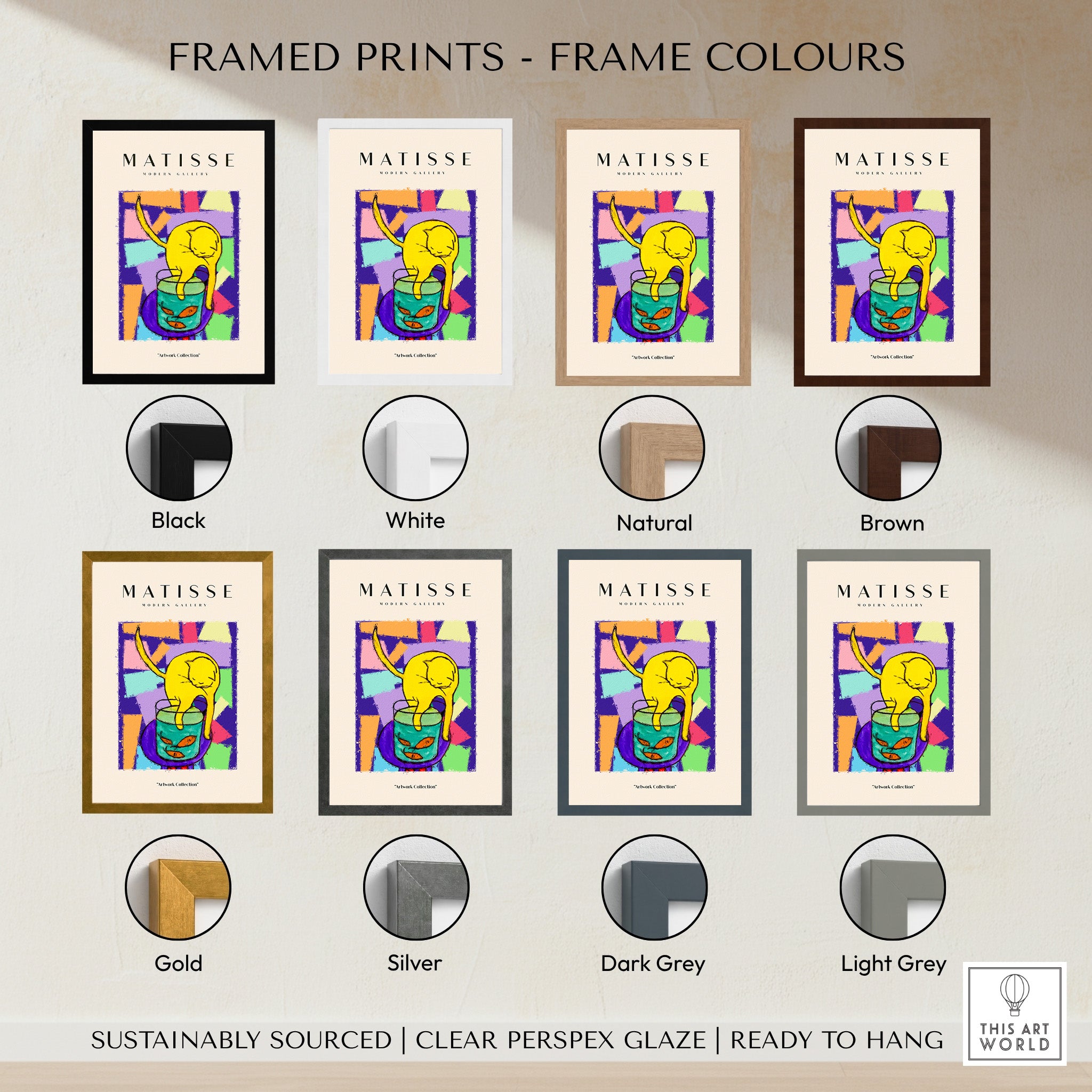 Matisse Art Prints - Yellow Cat with Fishbowl Geometric Poster framed print color options including black, white, natural and brown.