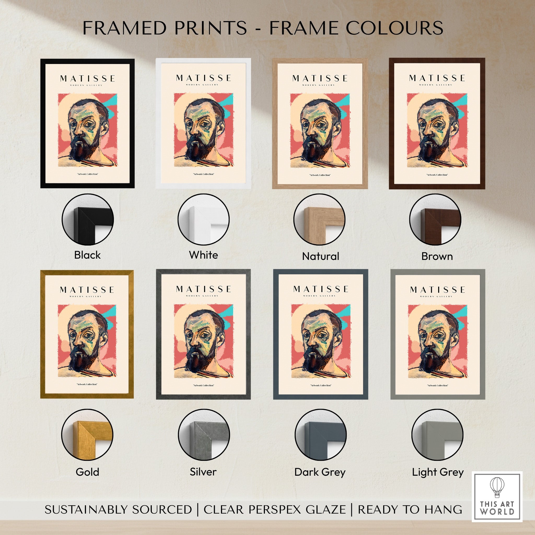 Matisse Art Prints - Expressive Self Portrait Poster displayed in various frame colours including black, white, gold, and more.