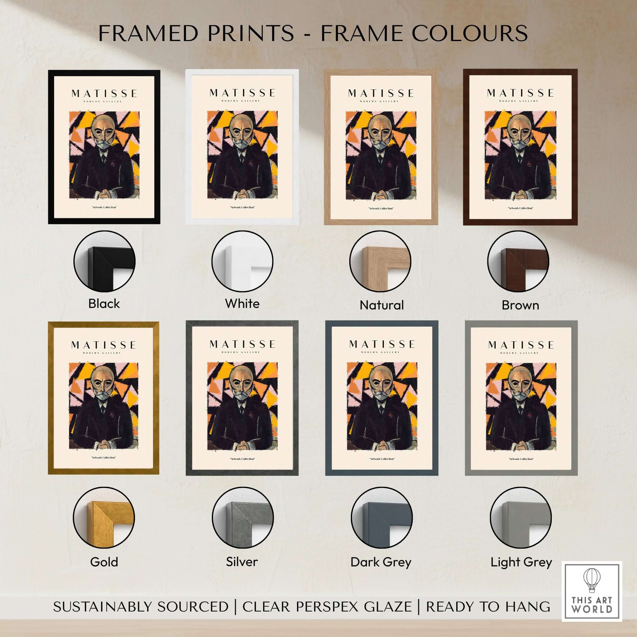Framed Matisse Art Prints in various frame colors including black, white, natural, brown, gold, silver, dark grey, and light grey.