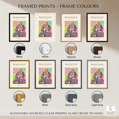Matisse Art Prints - Stylized Woman with Flowers Fruit Still Life Interior Poster framed in various color options.