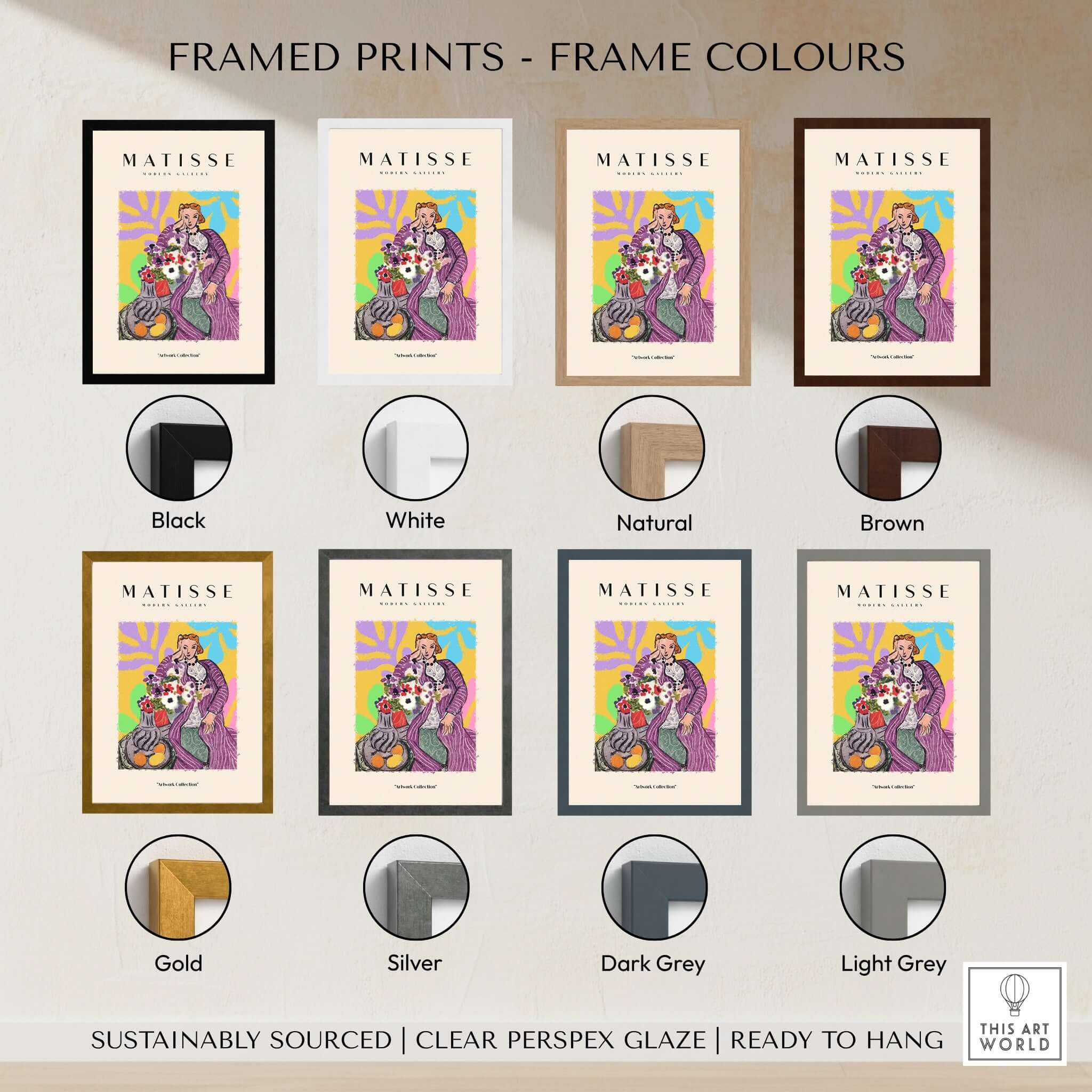 Matisse Art Prints - Stylized Woman with Flowers Fruit Still Life Interior Poster framed in various color options.