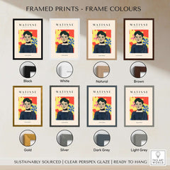 Matisse Art Prints - Woman Portrait Abstract Floral Poster available in various frame colours including black, white, natural, and brown.