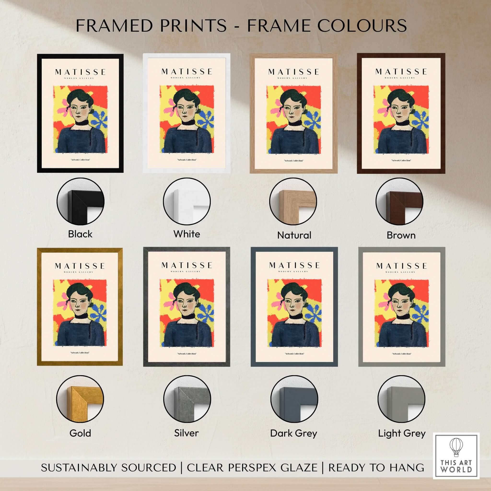Matisse Art Prints - Woman Portrait Abstract Floral Poster available in various frame colours including black, white, natural, and brown.