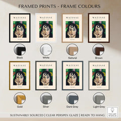 Framed Matisse Art Prints - Pensive Woman Poster showing frame colours: Black, White, Natural, Brown, Gold, Silver, Dark Grey, Light Grey.