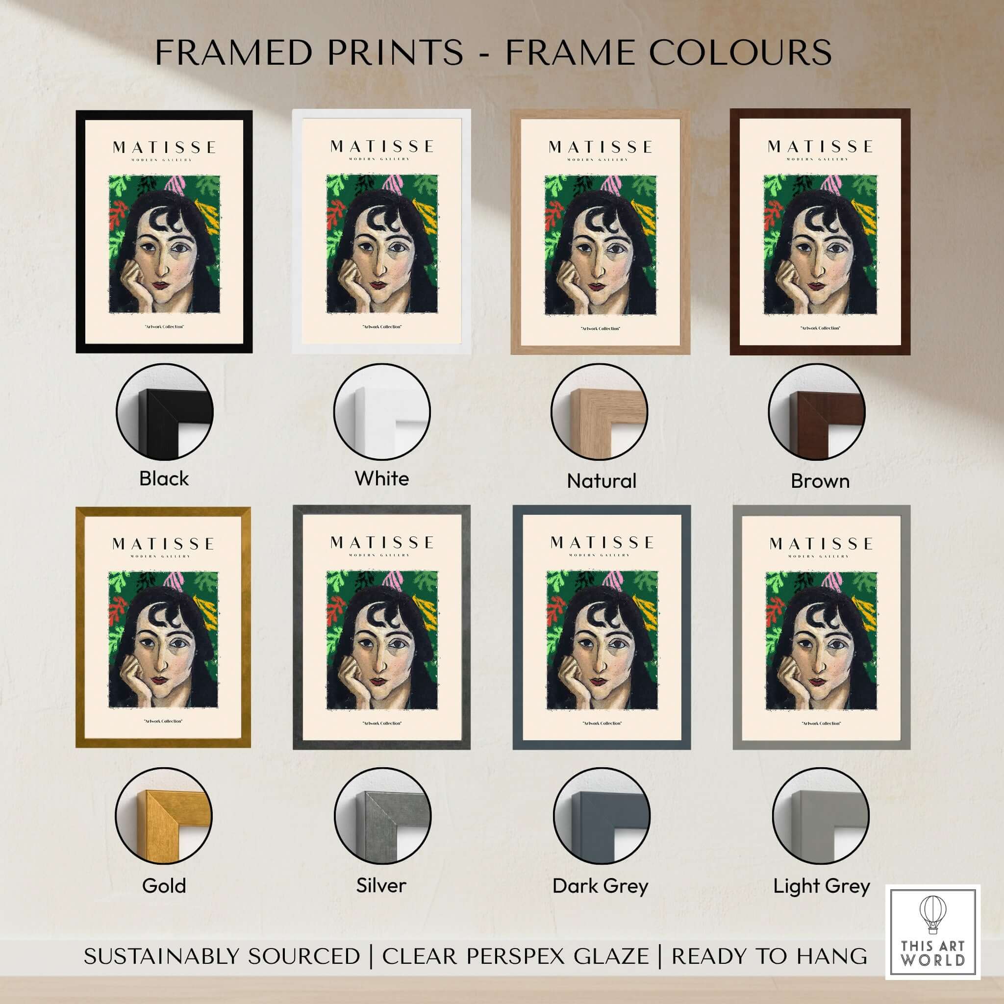 Framed Matisse Art Prints - Pensive Woman Poster showing frame colours: Black, White, Natural, Brown, Gold, Silver, Dark Grey, Light Grey.