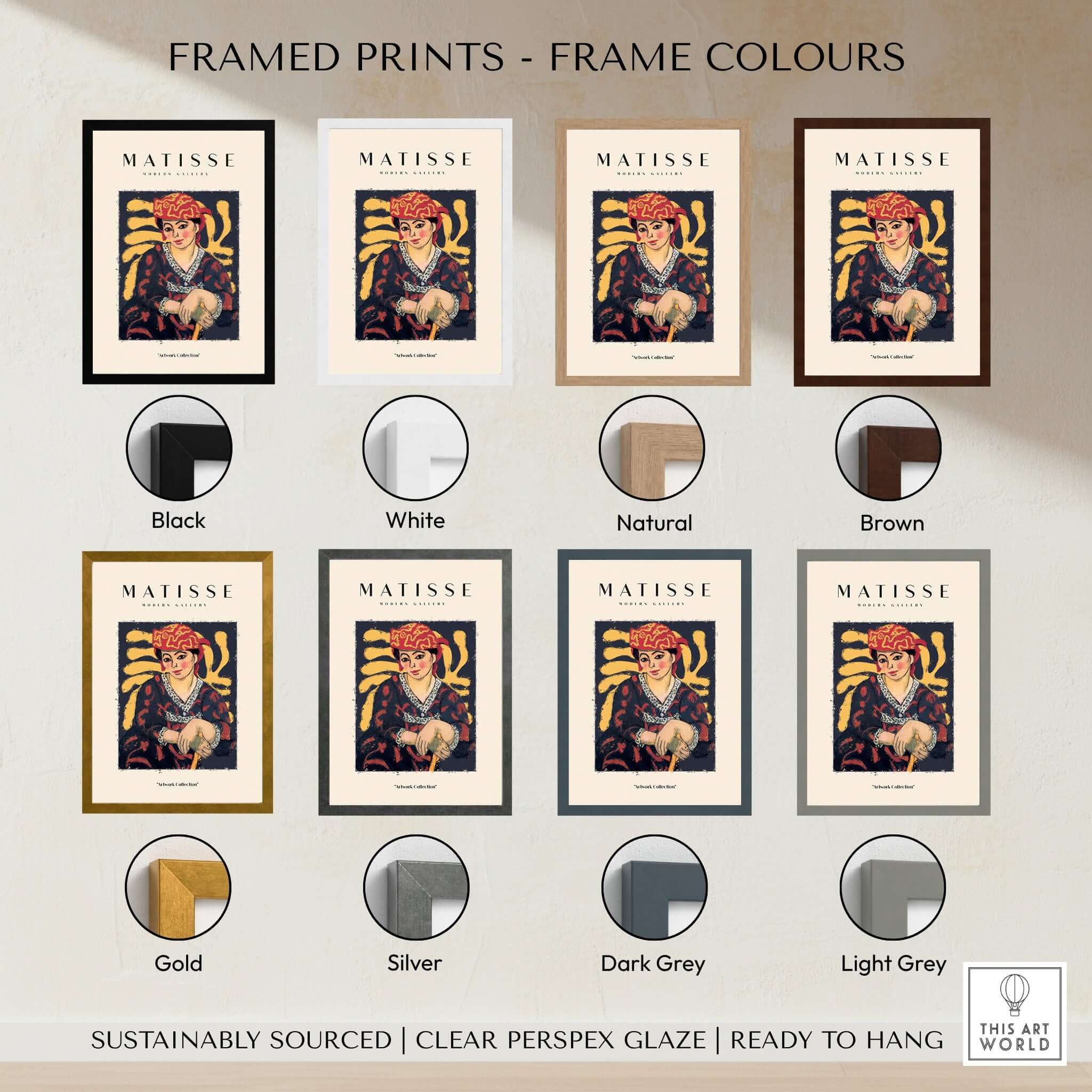 Matisse Art Prints - Woman in Patterned Hat & Dress Poster options for framed prints in various colors.