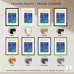 Framed Matisse Art Prints - The Dance Figures Abstract Sky Poster showcasing frame color options: Black, White, Natural, Brown, Gold, Silver, Dark Grey, Light Grey.