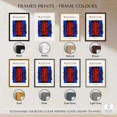 Matisse Art Prints - Red Coral Black Leaves Blue Frame Poster framed in various color options including black, white, natural, brown.