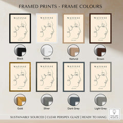 Matisse Art Prints -  Line Art of a Lady's Face Poster framed in various color options including black, white, natural, and brown.
