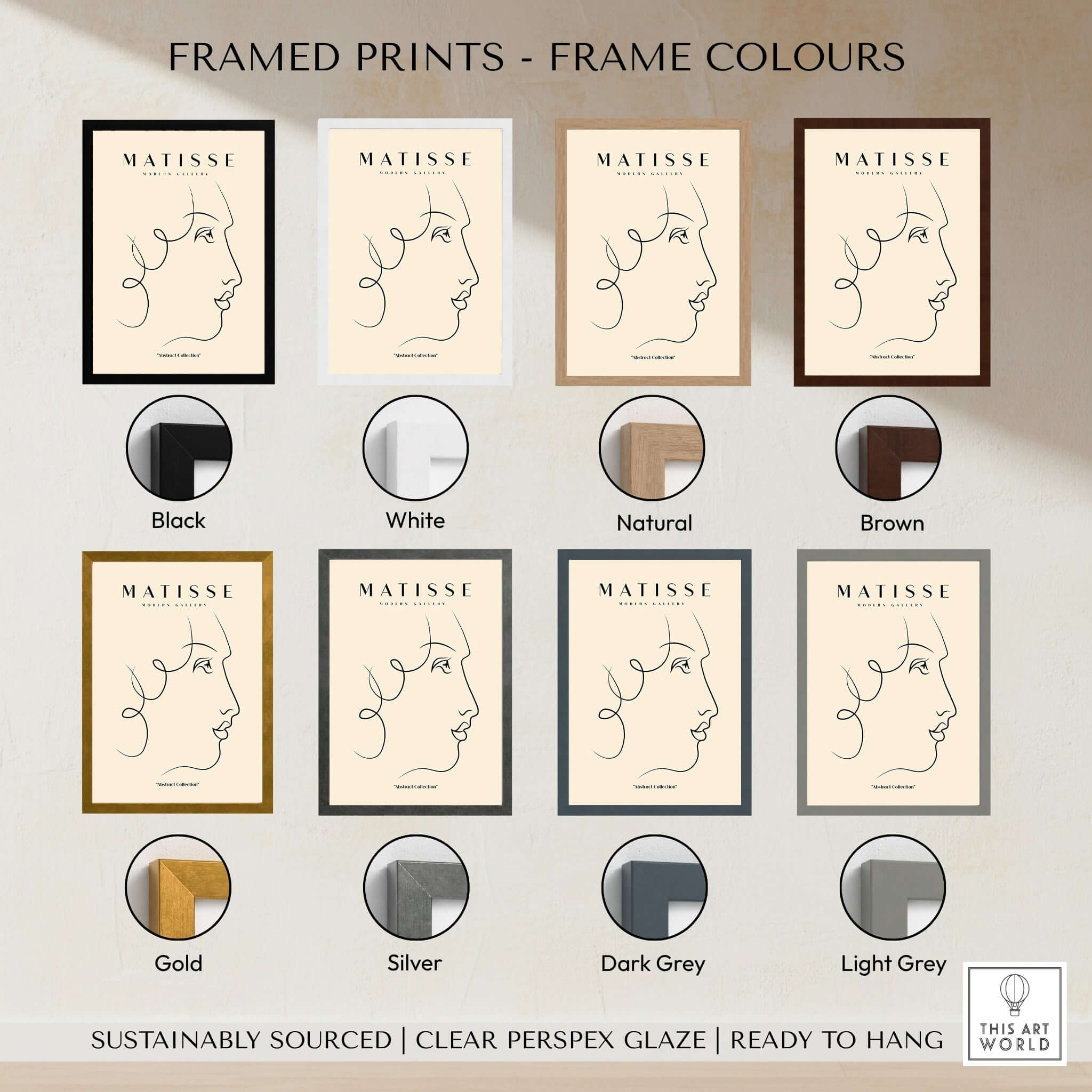 Matisse Art Prints -  Line Art of a Lady's Face Poster framed in various color options including black, white, natural, and brown.