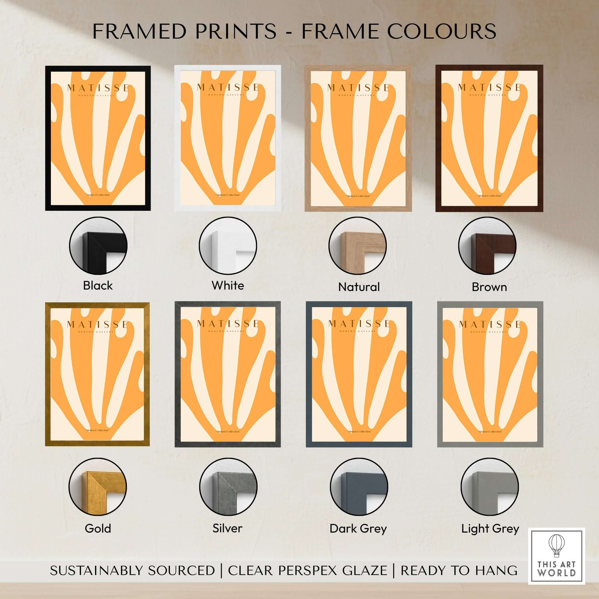 Matisse Art Prints -  Orange Fan Coral Abstract Shape Poster framed in various colors including black, white, natural, brown, gold, silver, dark grey, and light grey.