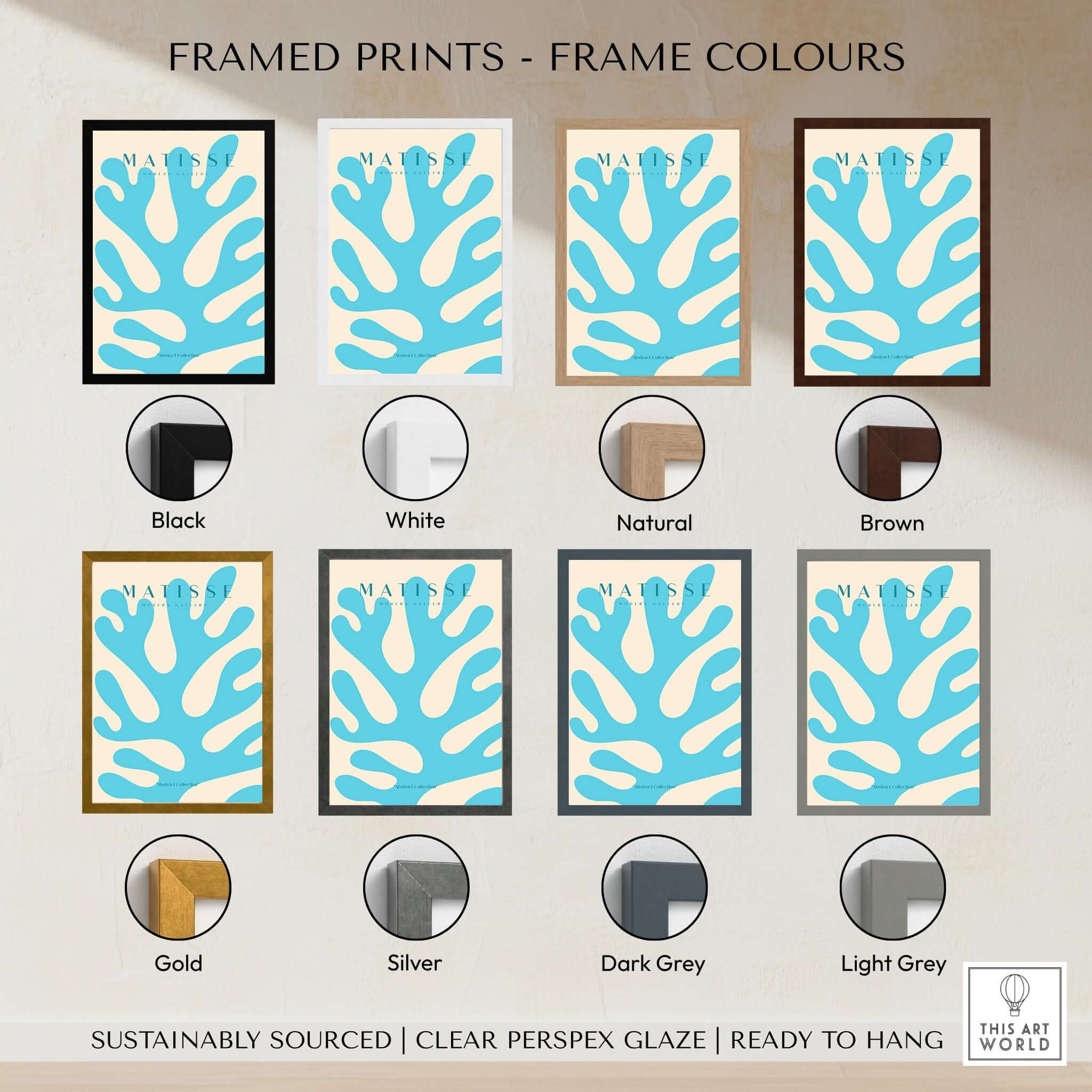Framed prints color options for Matisse Art Prints - Blue Coral Abstract Botanical Art Print Poster.