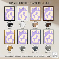 Matisse Art Prints - Lavender Abstract Fluid Organic Shape Poster framed in various colors including black, white, and natural.