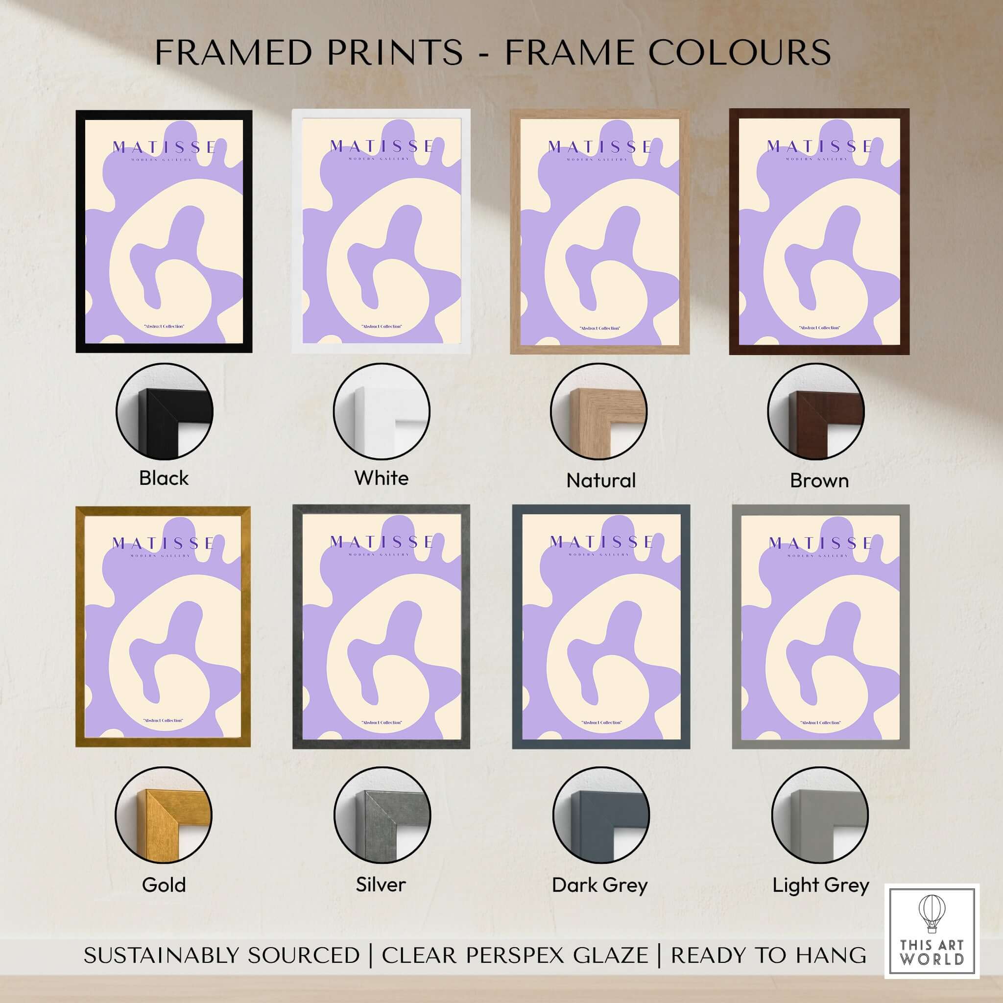Matisse Art Prints - Lavender Abstract Fluid Organic Shape Poster framed in various colors including black, white, and natural.
