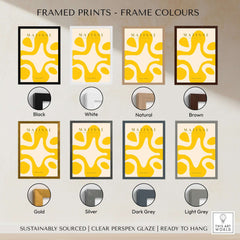 Matisse Art Prints -   Yellow Abstract Fluid Shape Poster framed in various color options including black, white, natural, and brown.