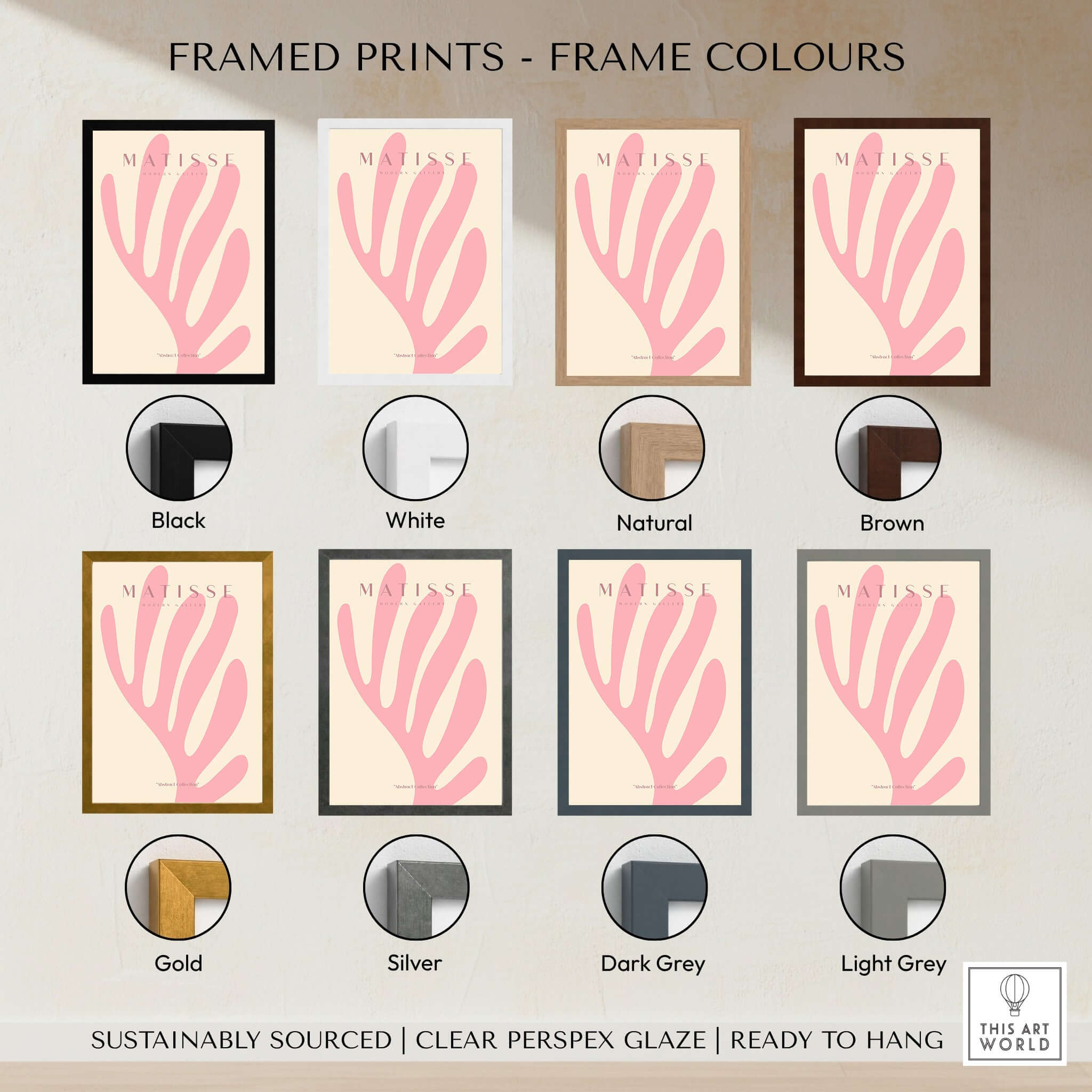 Matisse Art Prints - Pink Coral Leaf Abstract Botanical Poster framed in various colors including Black, White, Natural, and Brown.