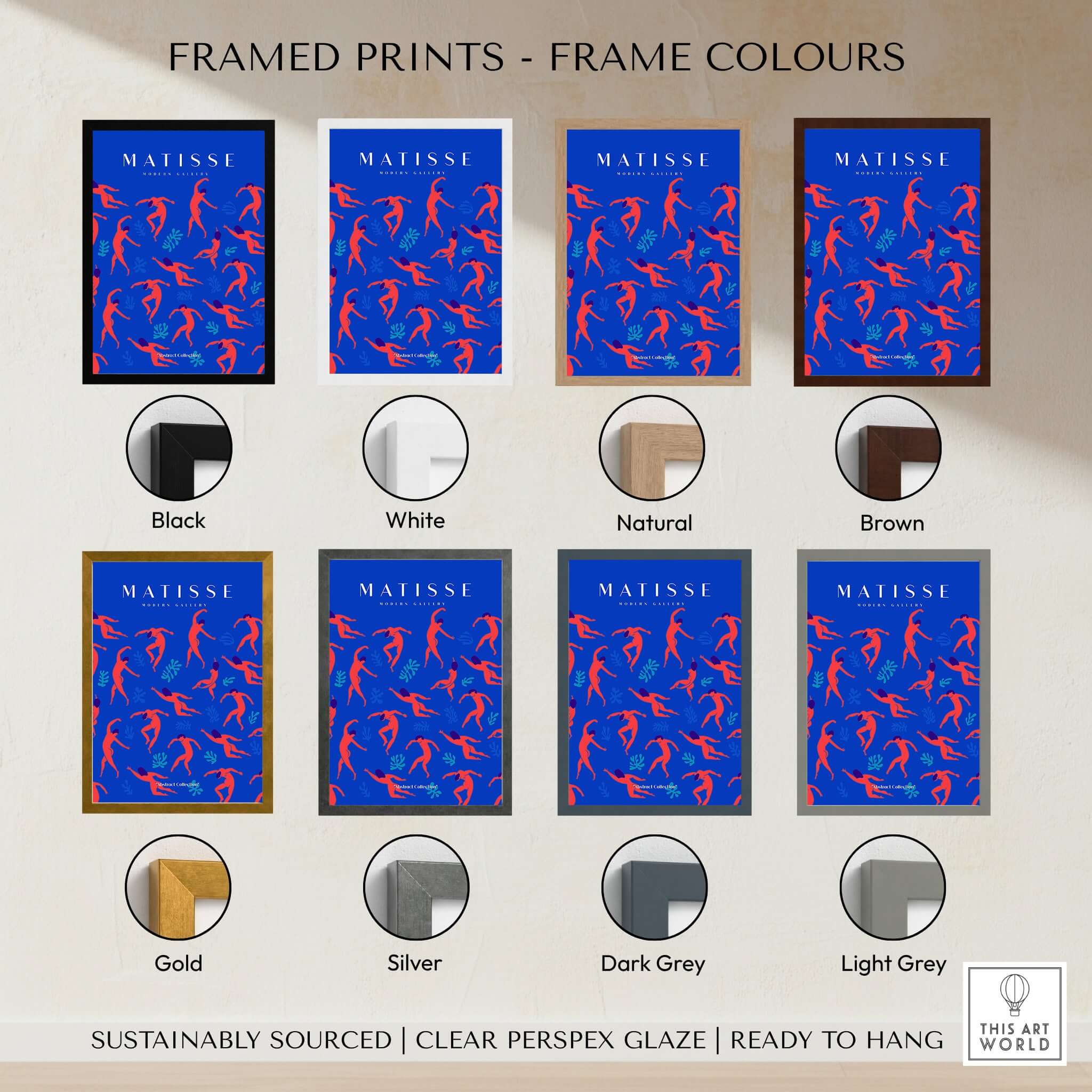 Matisse Art Prints - Dancing Figures Pattern Red Blue Poster framed in various colors including black, white, gold, and natural.