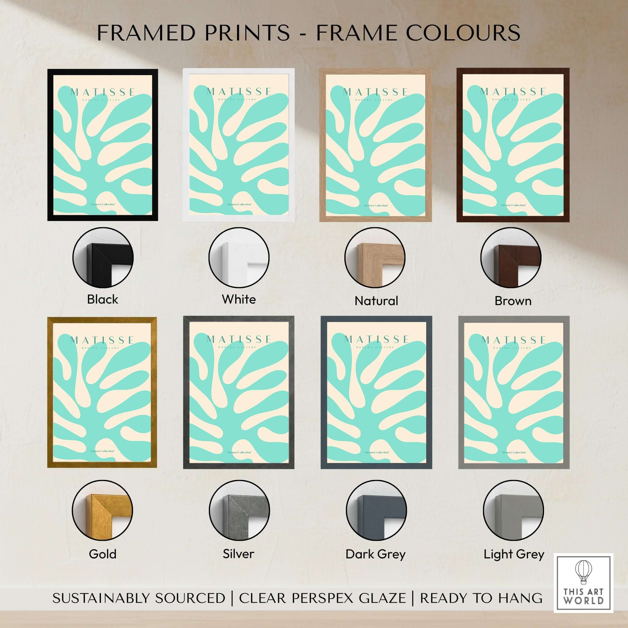 Matisse Art Prints - Mint Green Coral Abstract Seaweed Poster framed print options in various colors.