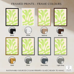 Matisse Art Prints - Lime Green Abstract Coral Shape Poster framed in various color options including black, white, and natural.