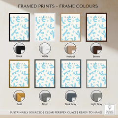 Matisse Art Prints -Blue Abstract Birds Botanical Pattern Poster displayed with various frame colors for selection.