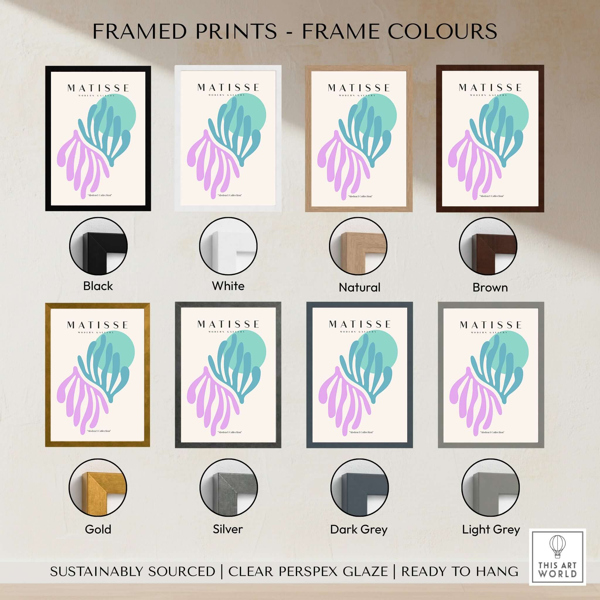 Matisse Art Prints -Teal Pink Abstract Leaves Sun Poster displayed in various frame colors including black, white, natural, and brown.