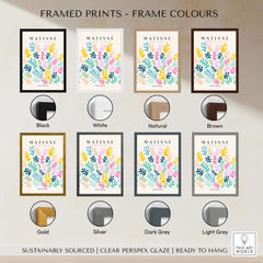 Matisse Art Prints - Colorful Abstract Botanical Scatter Poster displayed in various frame colors including black, white, natural, and brown.