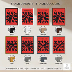 Framed Matisse Art Prints showcasing various frame colors for the Black Abstract Coral Shape Red Poster.